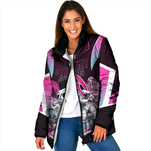 Personalised Sydney Sixers Cricket Mascot Skyline Padded Jacket Retro Neon Graphic Fan Art