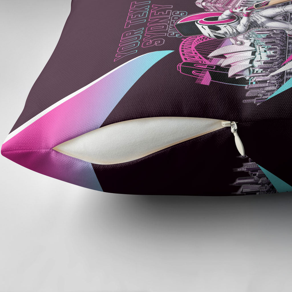 Personalised Sydney Sixers Cricket Mascot Skyline Pillow Cover Retro Neon Graphic Fan Art