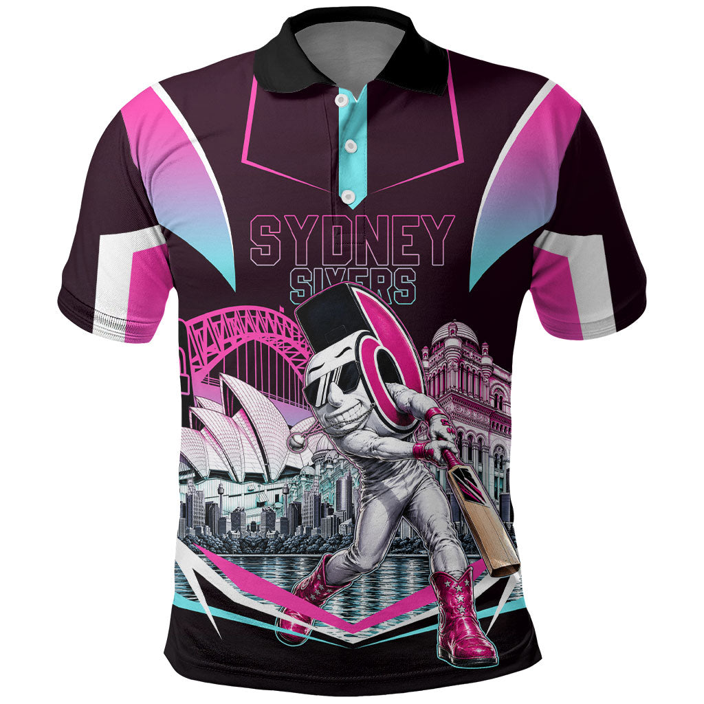 Personalised Sydney Sixers Cricket Mascot Skyline Polo Shirt Retro Neon Graphic Fan Art