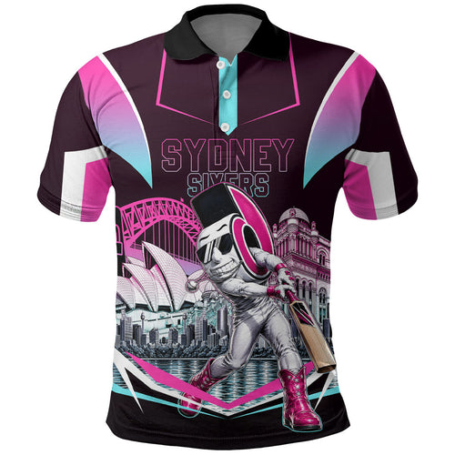 Personalised Sydney Sixers Cricket Mascot Skyline Polo Shirt Retro Neon Graphic Fan Art