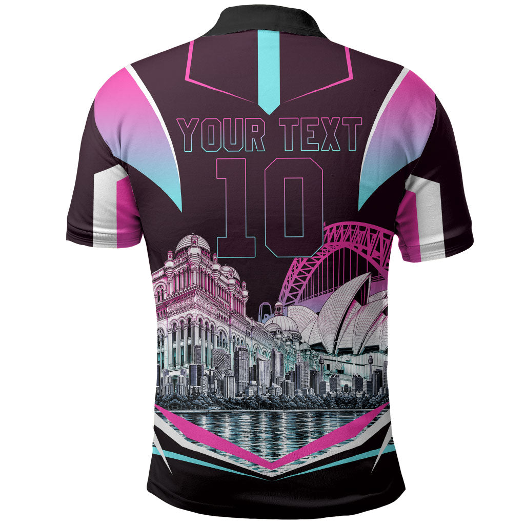 Personalised Sydney Sixers Cricket Mascot Skyline Polo Shirt Retro Neon Graphic Fan Art