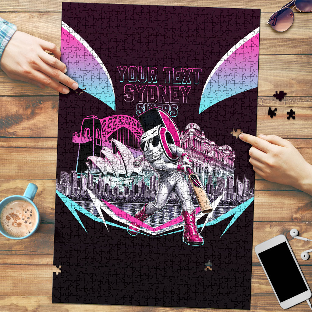 Personalised Sydney Sixers Cricket Mascot Skyline Puzzle Retro Neon Graphic Fan Art