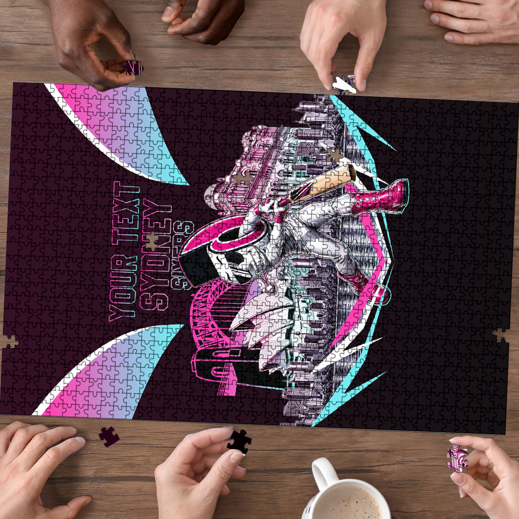 Personalised Sydney Sixers Cricket Mascot Skyline Puzzle Retro Neon Graphic Fan Art