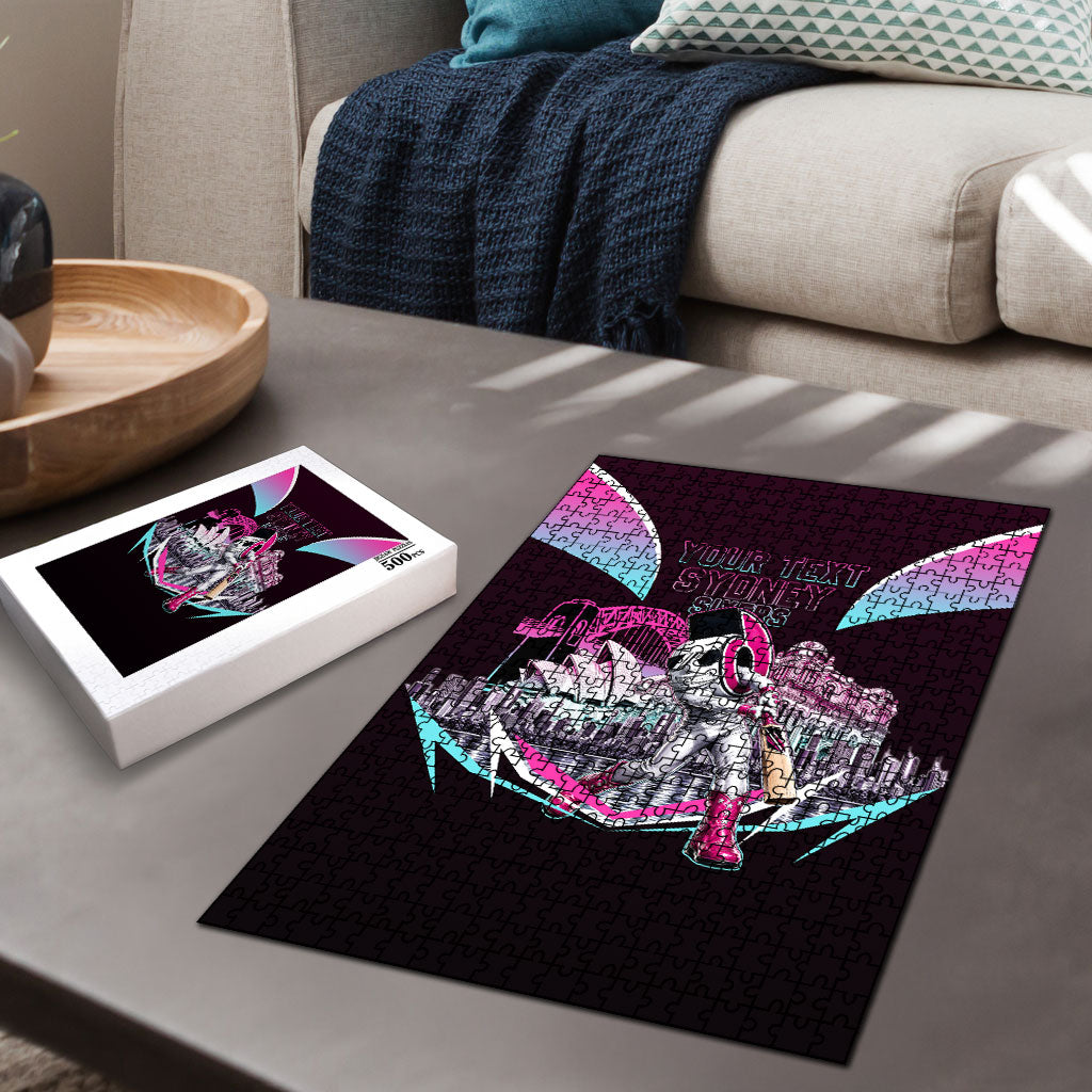Personalised Sydney Sixers Cricket Mascot Skyline Puzzle Retro Neon Graphic Fan Art
