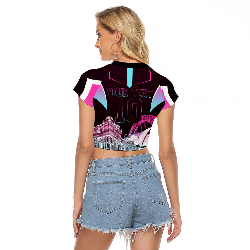 Personalised Sydney Sixers Cricket Mascot Skyline Raglan Cropped T Shirt Retro Neon Graphic Fan Art