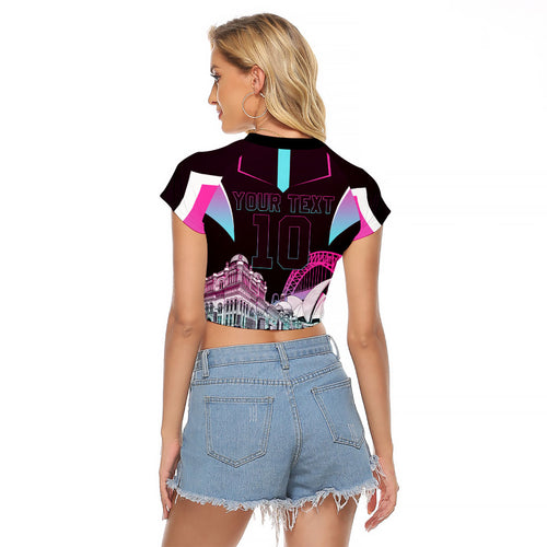 Personalised Sydney Sixers Cricket Mascot Skyline Raglan Cropped T Shirt Retro Neon Graphic Fan Art