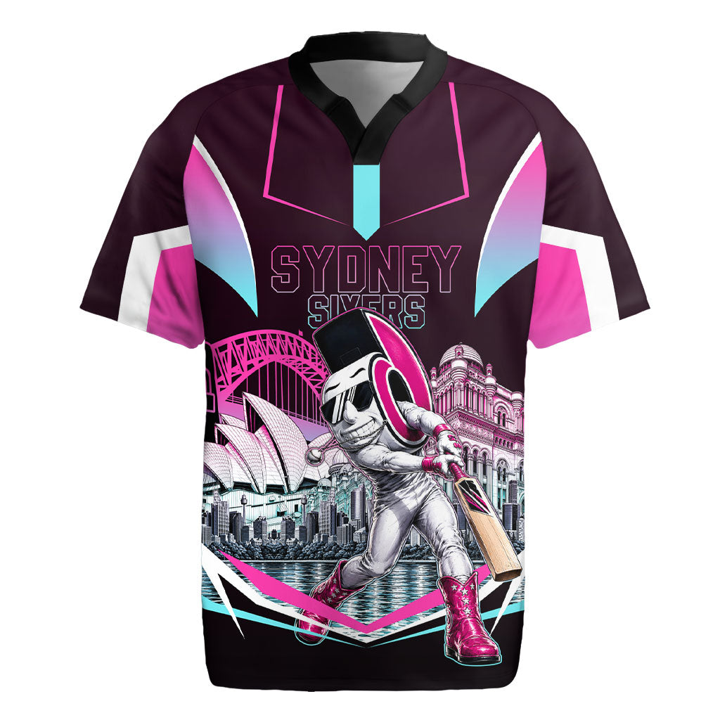 Personalised Sydney Sixers Cricket Mascot Skyline Rugby Jersey Retro Neon Graphic Fan Art