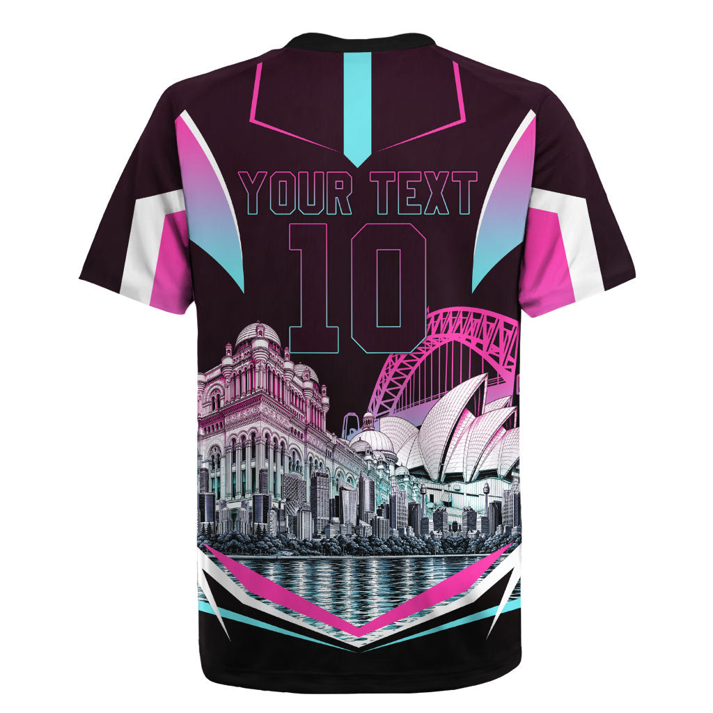 Personalised Sydney Sixers Cricket Mascot Skyline Rugby Jersey Retro Neon Graphic Fan Art