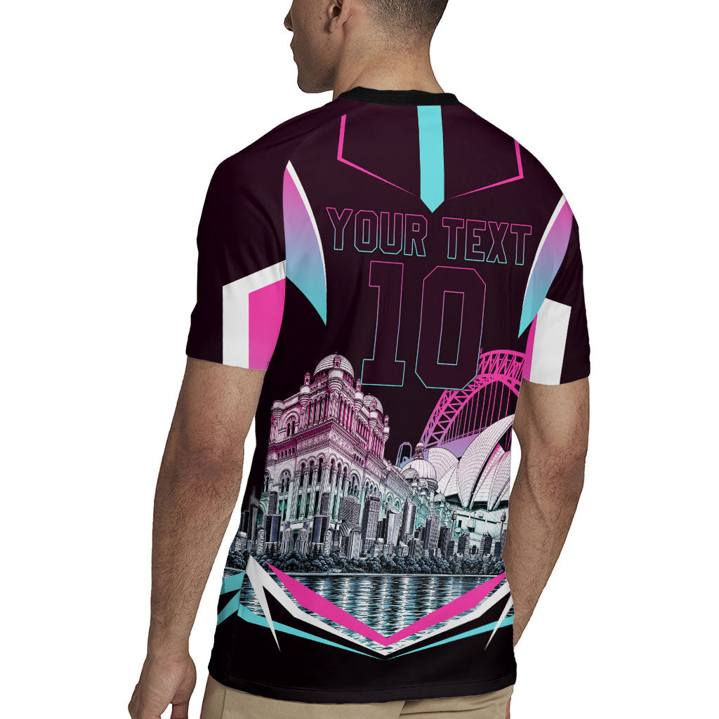 Personalised Sydney Sixers Cricket Mascot Skyline Rugby Jersey Retro Neon Graphic Fan Art