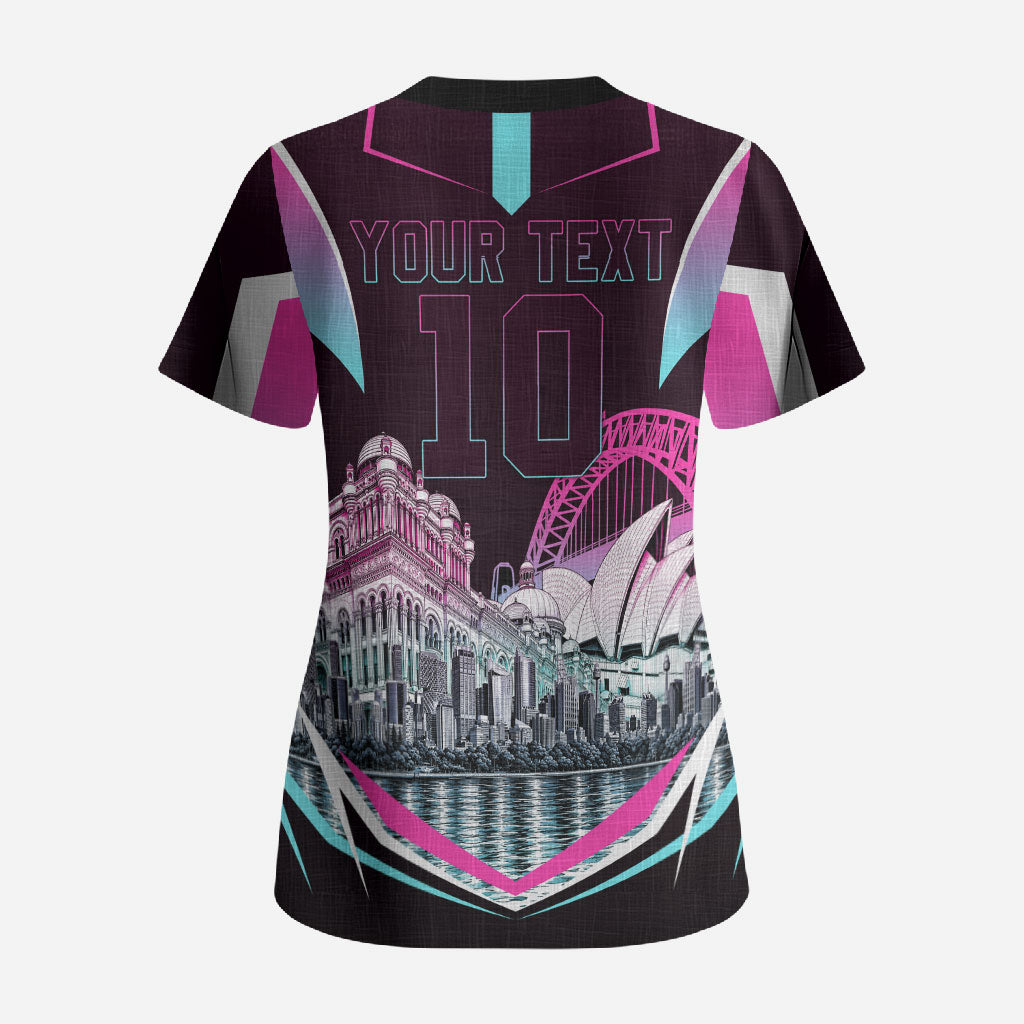 Personalised Sydney Sixers Cricket Mascot Skyline Scrub Top Retro Neon Graphic Fan Art
