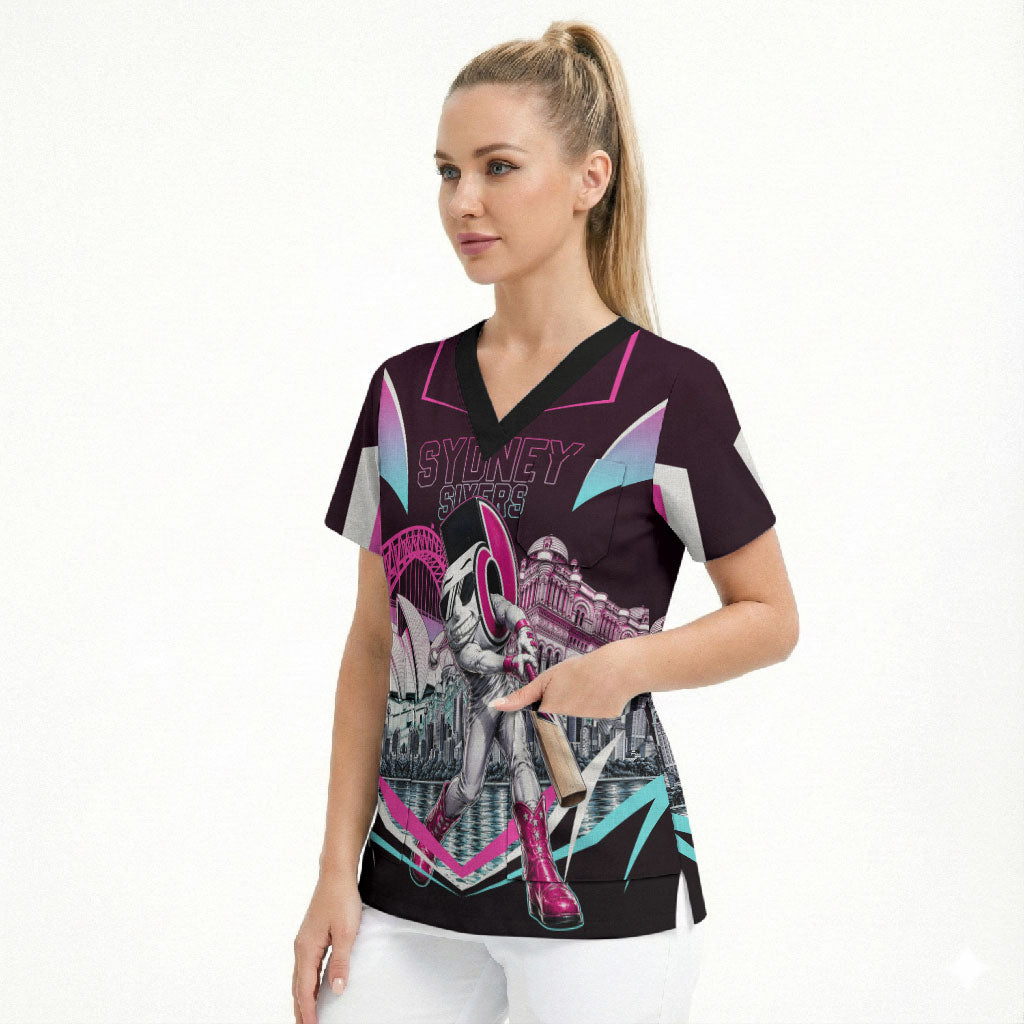 Personalised Sydney Sixers Cricket Mascot Skyline Scrub Top Retro Neon Graphic Fan Art