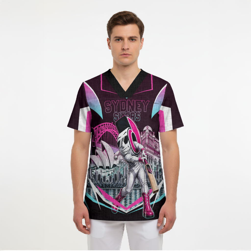 Personalised Sydney Sixers Cricket Mascot Skyline Scrub Top Retro Neon Graphic Fan Art