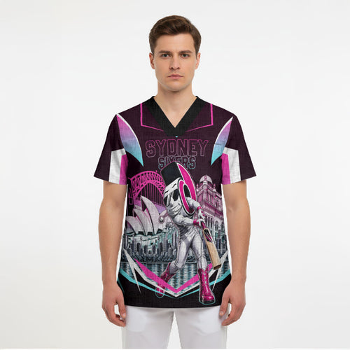 Personalised Sydney Sixers Cricket Mascot Skyline Scrub Top Retro Neon Graphic Fan Art