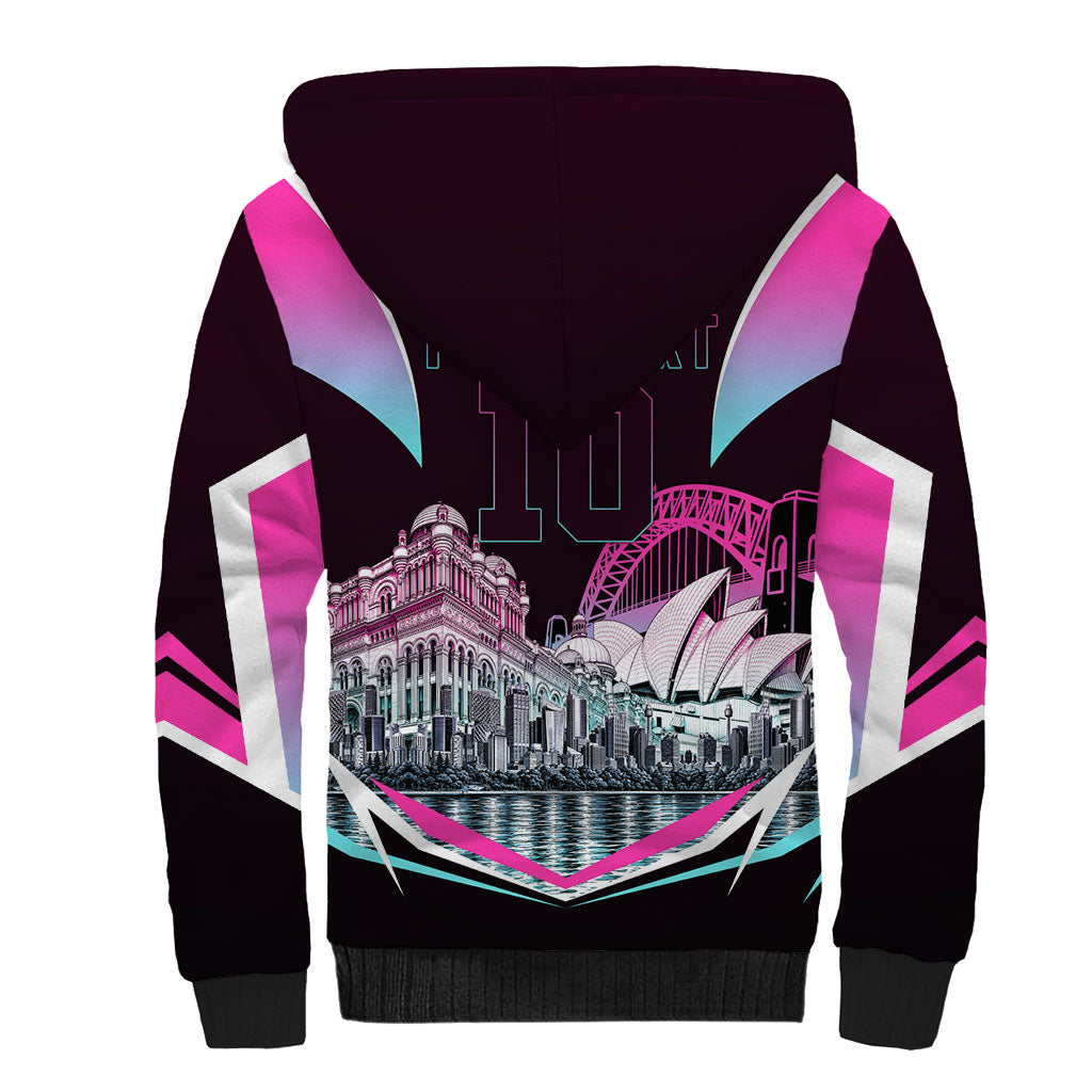 Personalised Sydney Sixers Cricket Mascot Skyline Sherpa Hoodie Retro Neon Graphic Fan Art