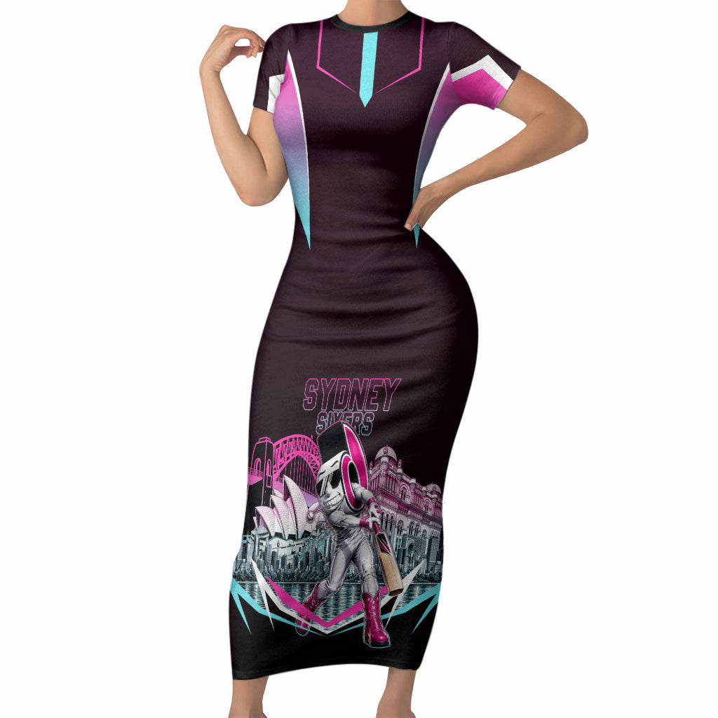 Personalised Sydney Sixers Cricket Mascot Skyline Short Sleeve Bodycon Dress Retro Neon Graphic Fan Art