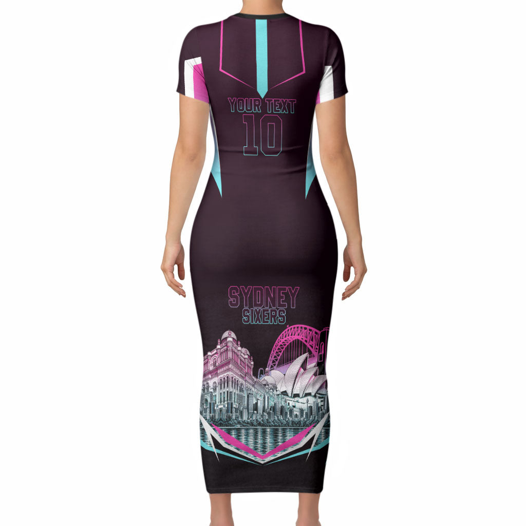Personalised Sydney Sixers Cricket Mascot Skyline Short Sleeve Bodycon Dress Retro Neon Graphic Fan Art