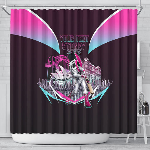 Personalised Sydney Sixers Cricket Mascot Skyline Shower Curtain Retro Neon Graphic Fan Art