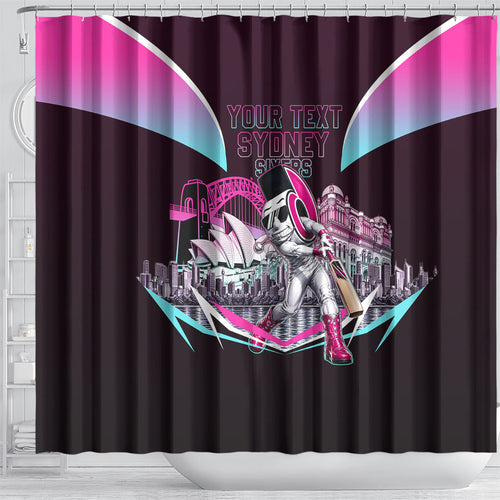 Personalised Sydney Sixers Cricket Mascot Skyline Shower Curtain Retro Neon Graphic Fan Art