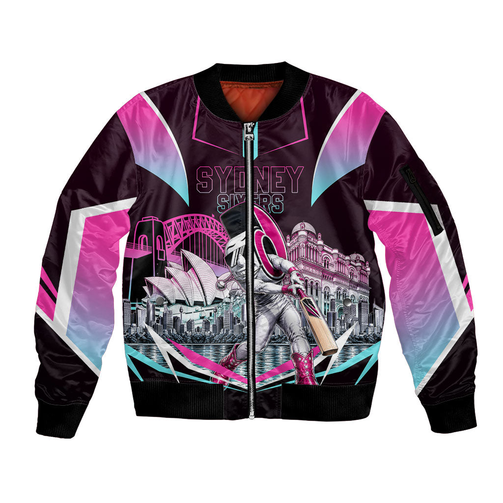 Personalised Sydney Sixers Cricket Mascot Skyline Sleeve Zip Bomber Jacket Retro Neon Graphic Fan Art