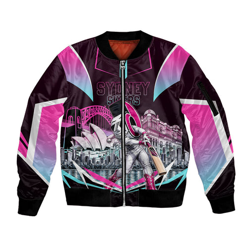 Personalised Sydney Sixers Cricket Mascot Skyline Sleeve Zip Bomber Jacket Retro Neon Graphic Fan Art