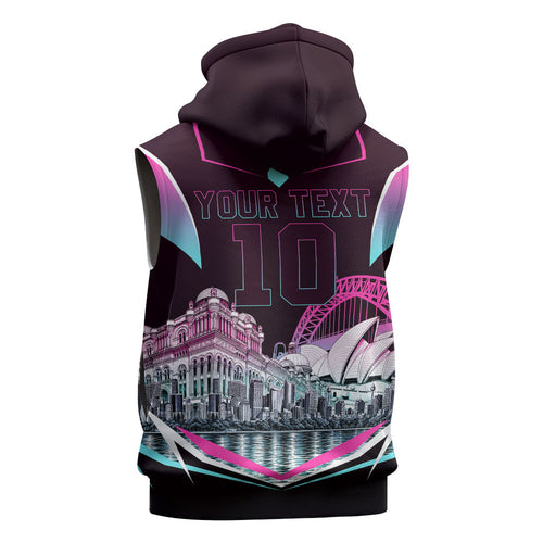 Personalised Sydney Sixers Cricket Mascot Skyline Sleeveless Hoodie Retro Neon Graphic Fan Art