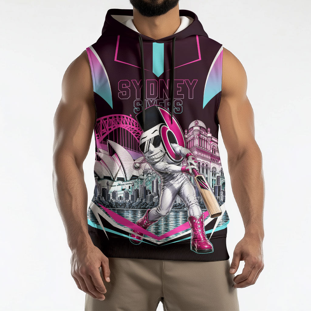 Personalised Sydney Sixers Cricket Mascot Skyline Sleeveless Hoodie Retro Neon Graphic Fan Art