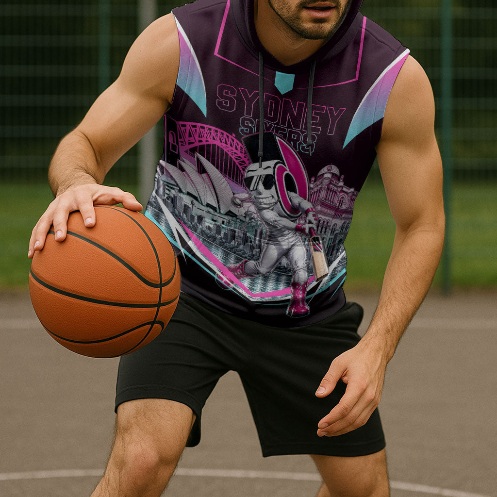 Personalised Sydney Sixers Cricket Mascot Skyline Sleeveless Hoodie Retro Neon Graphic Fan Art