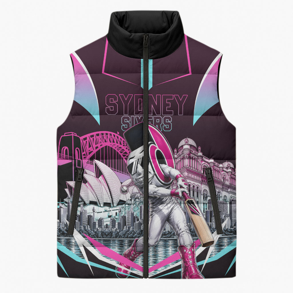 Personalised Sydney Sixers Cricket Mascot Skyline Sleeveless Puffer Jacket Retro Neon Graphic Fan Art