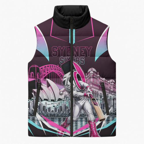 Personalised Sydney Sixers Cricket Mascot Skyline Sleeveless Puffer Jacket Retro Neon Graphic Fan Art