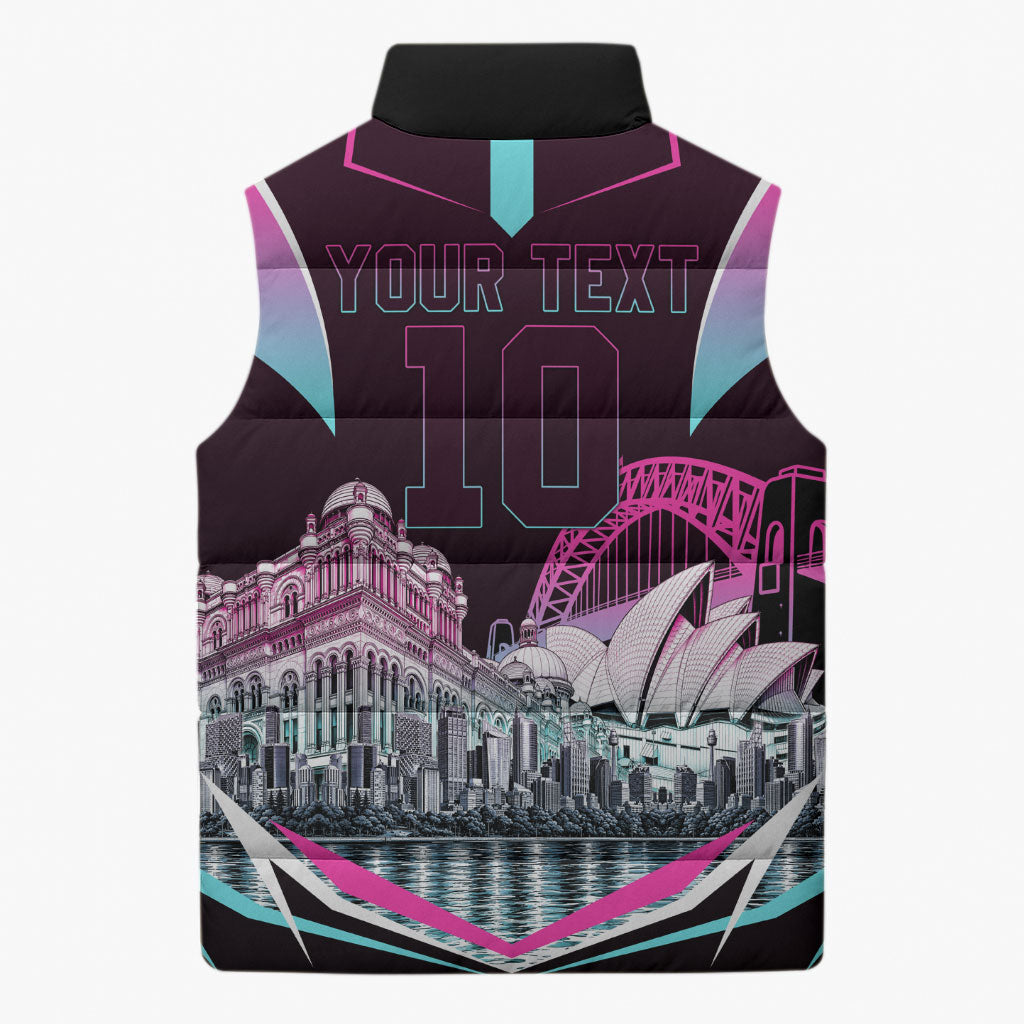 Personalised Sydney Sixers Cricket Mascot Skyline Sleeveless Puffer Jacket Retro Neon Graphic Fan Art