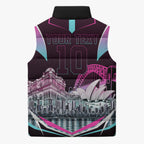 Personalised Sydney Sixers Cricket Mascot Skyline Sleeveless Puffer Jacket Retro Neon Graphic Fan Art