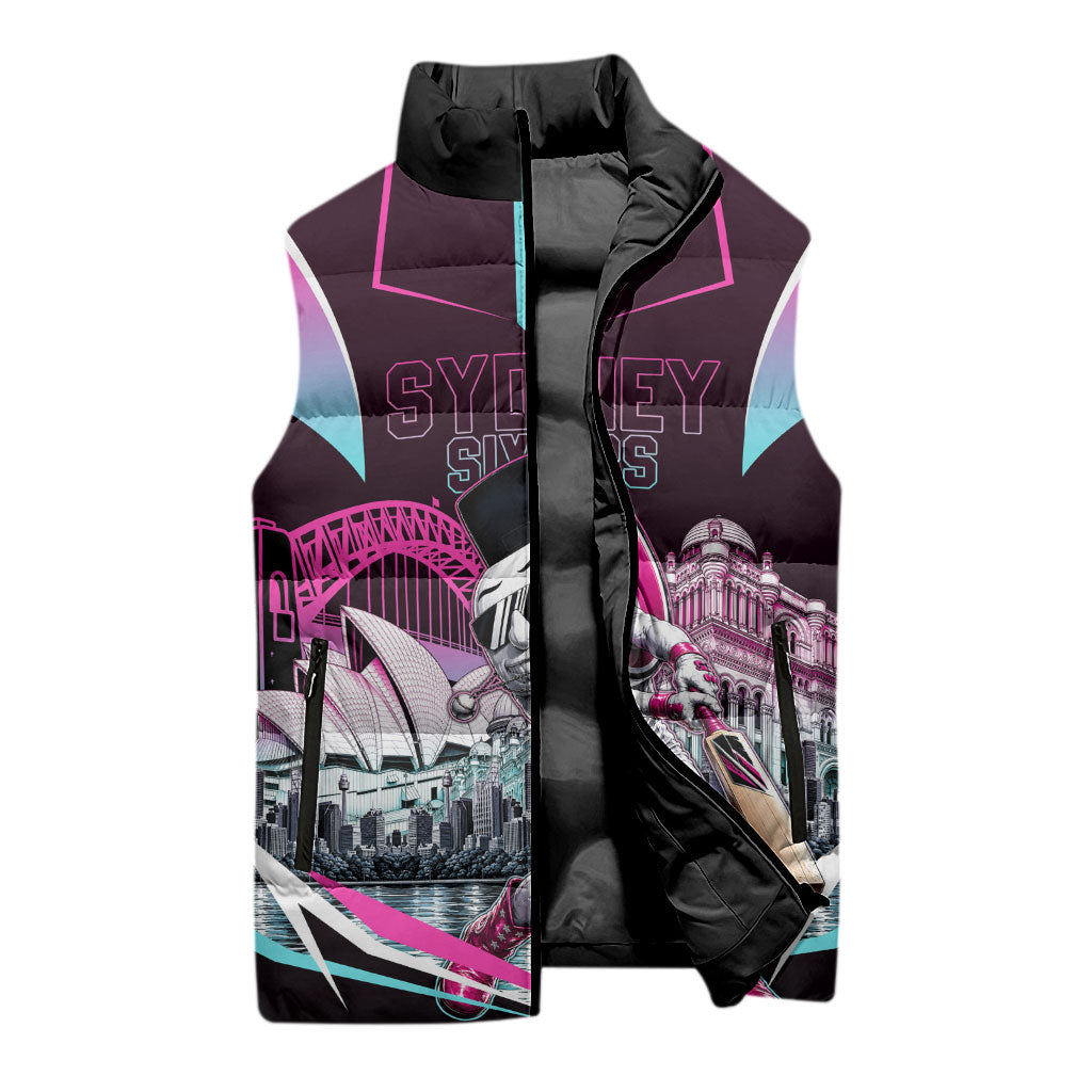 Personalised Sydney Sixers Cricket Mascot Skyline Sleeveless Puffer Jacket Retro Neon Graphic Fan Art