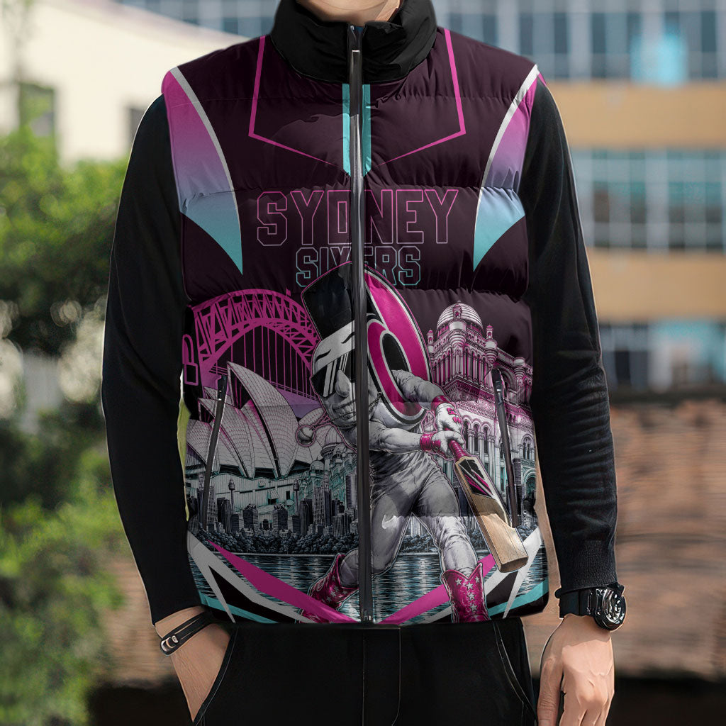 Personalised Sydney Sixers Cricket Mascot Skyline Sleeveless Puffer Jacket Retro Neon Graphic Fan Art
