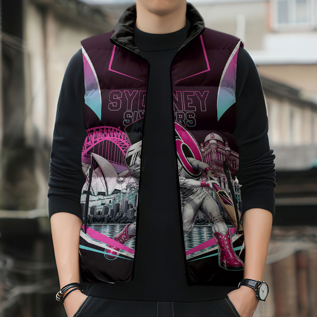 Personalised Sydney Sixers Cricket Mascot Skyline Sleeveless Puffer Jacket Retro Neon Graphic Fan Art