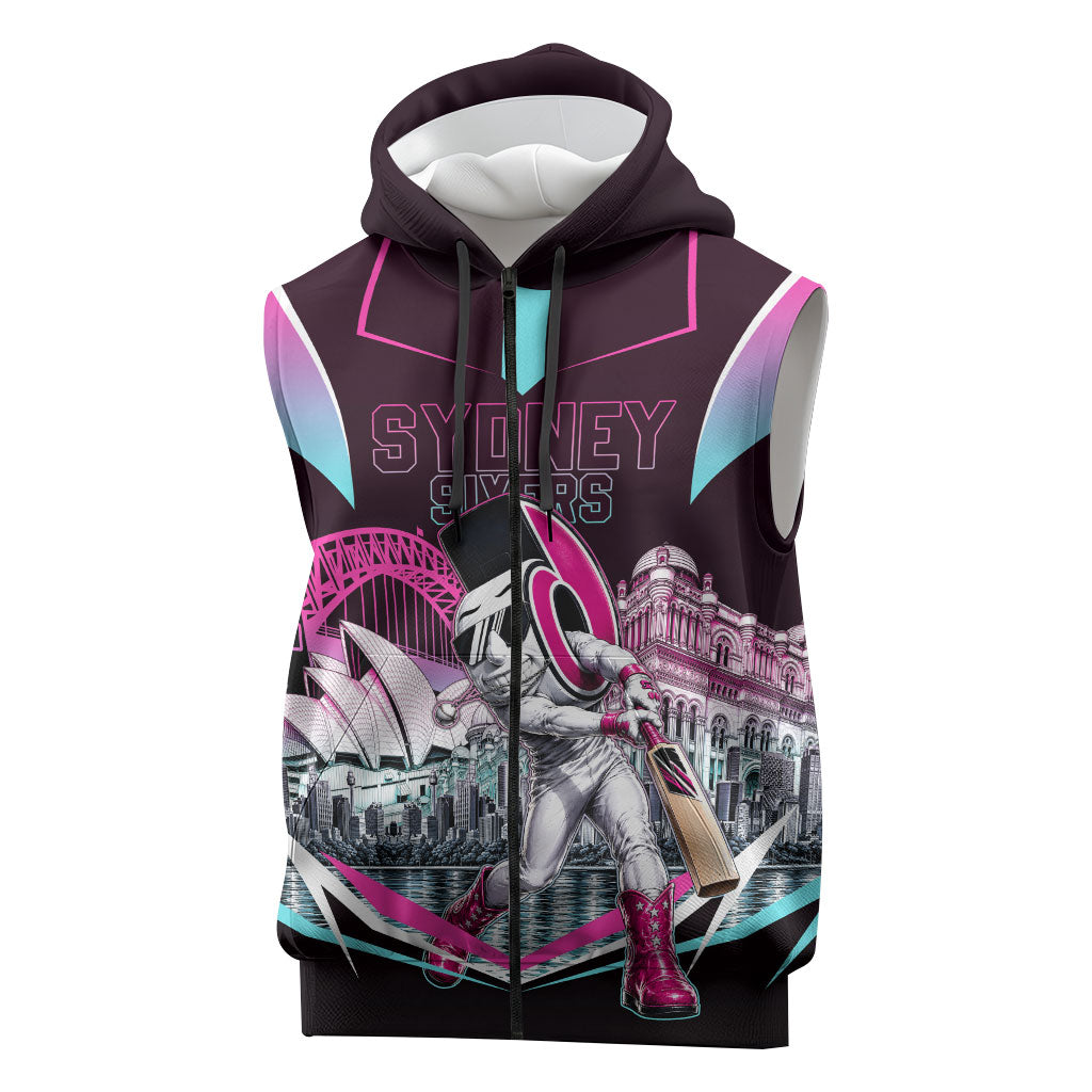 Personalised Sydney Sixers Cricket Mascot Skyline Sleeveless Zip Hoodie Retro Neon Graphic Fan Art