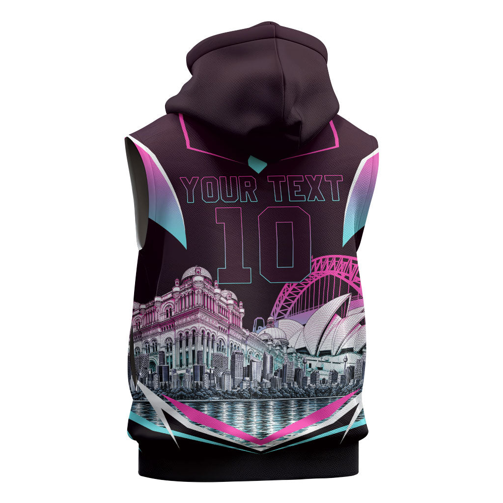 Personalised Sydney Sixers Cricket Mascot Skyline Sleeveless Zip Hoodie Retro Neon Graphic Fan Art
