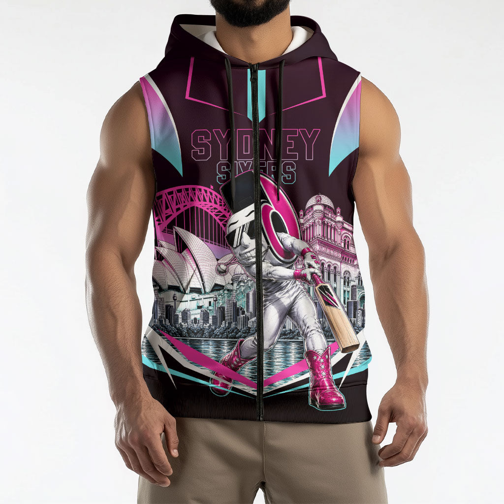 Personalised Sydney Sixers Cricket Mascot Skyline Sleeveless Zip Hoodie Retro Neon Graphic Fan Art
