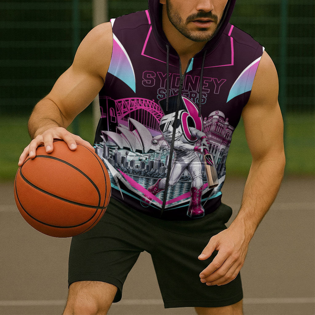 Personalised Sydney Sixers Cricket Mascot Skyline Sleeveless Zip Hoodie Retro Neon Graphic Fan Art