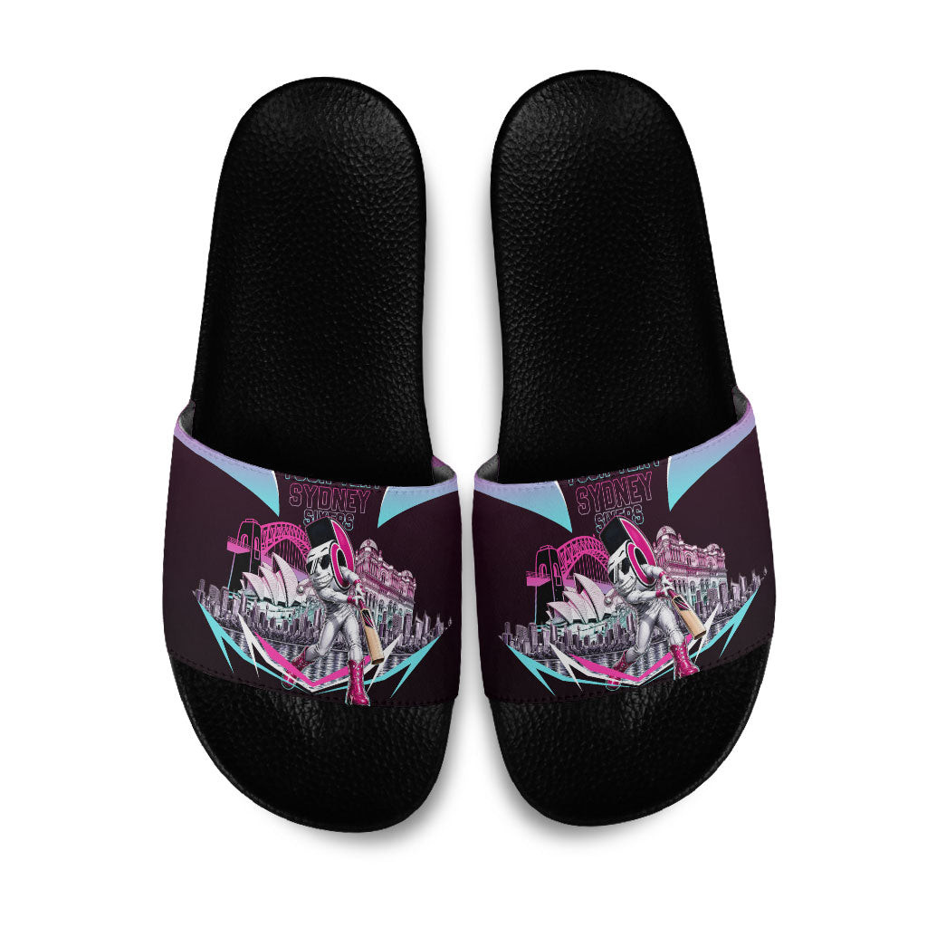 Personalised Sydney Sixers Cricket Mascot Skyline Slide Sandals Retro Neon Graphic Fan Art