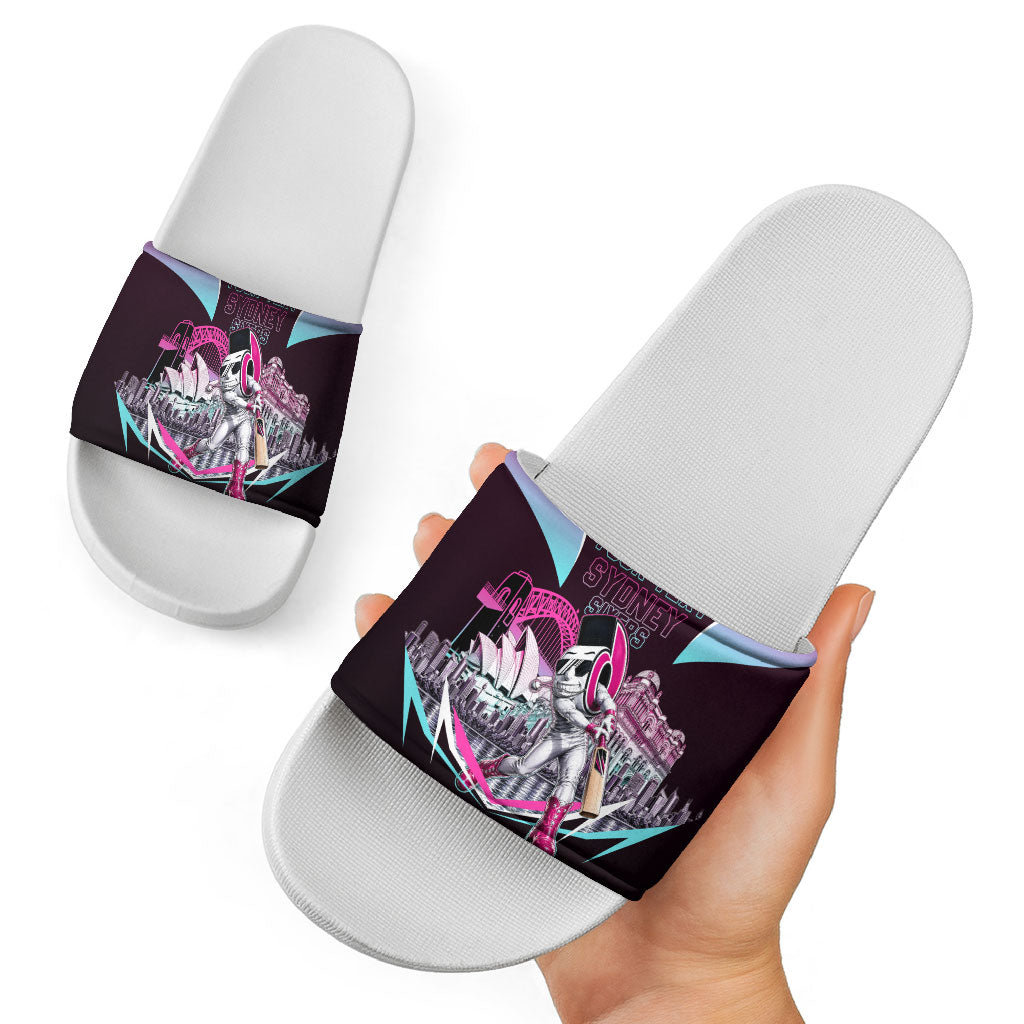 Personalised Sydney Sixers Cricket Mascot Skyline Slide Sandals Retro Neon Graphic Fan Art