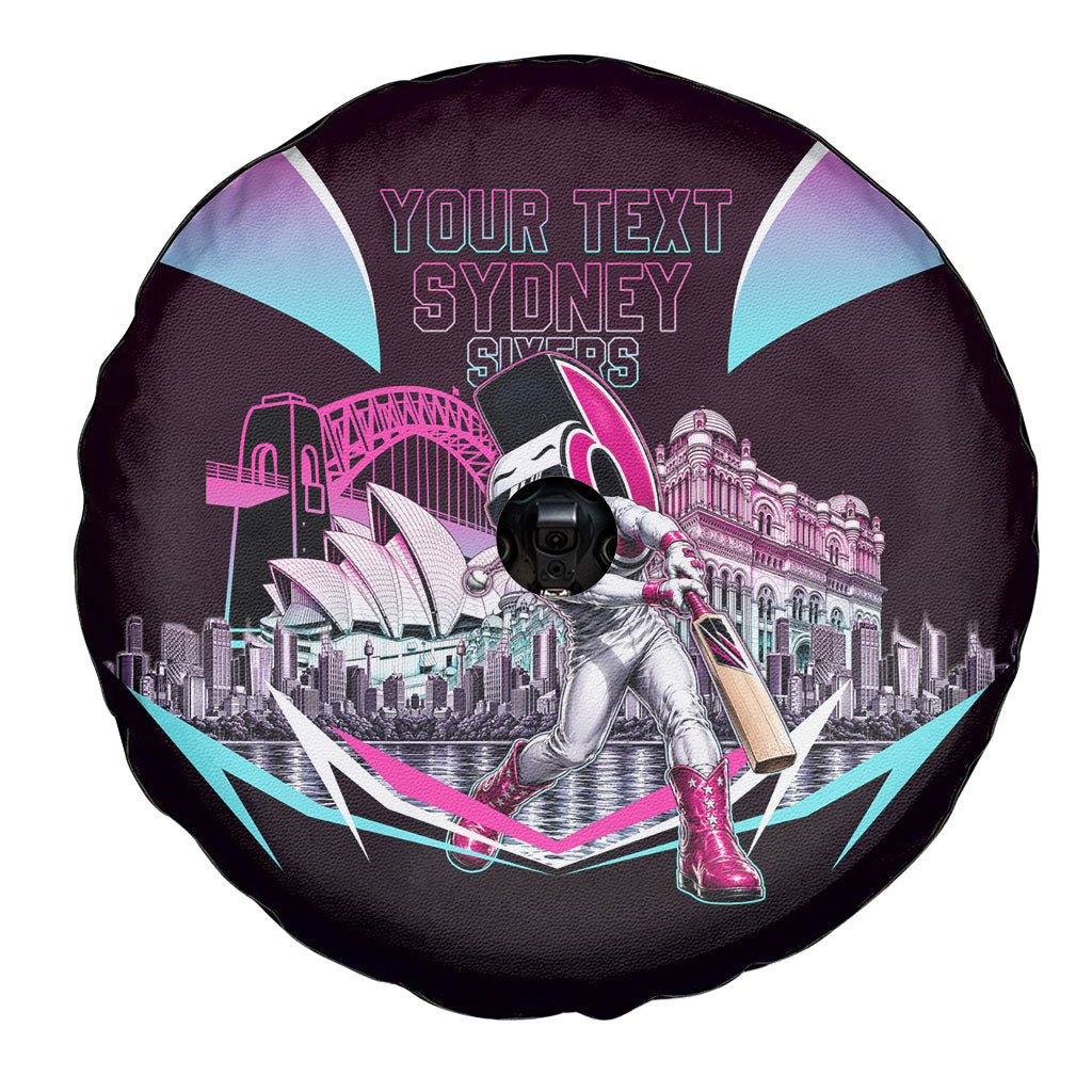 Personalised Sydney Sixers Cricket Mascot Skyline Spare Tire Cover Retro Neon Graphic Fan Art