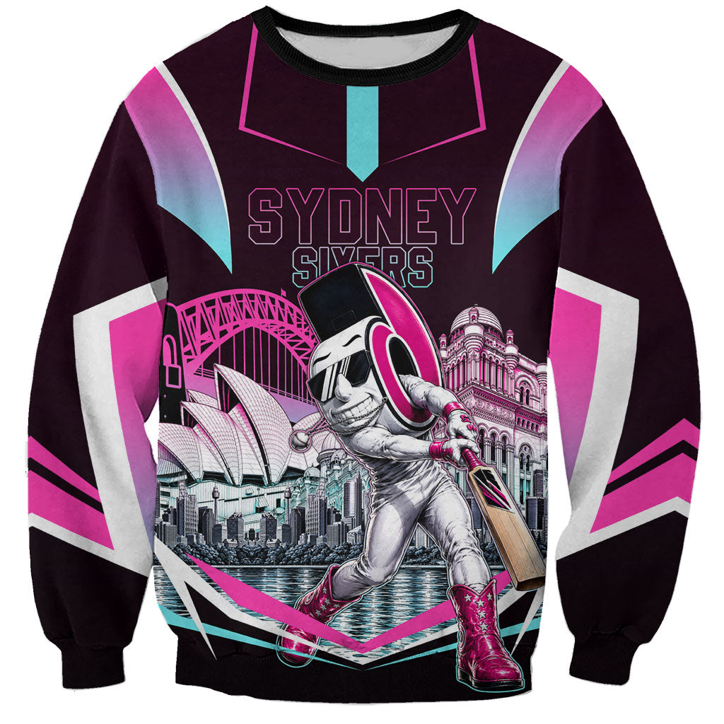 Personalised Sydney Sixers Cricket Mascot Skyline Sweatshirt Retro Neon Graphic Fan Art