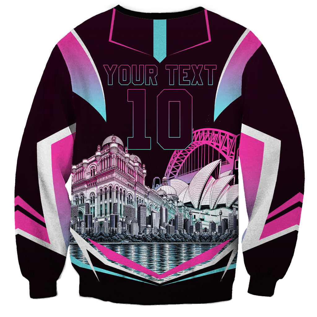 Personalised Sydney Sixers Cricket Mascot Skyline Sweatshirt Retro Neon Graphic Fan Art