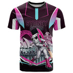Personalised Sydney Sixers Cricket Mascot Skyline T Shirt Retro Neon Graphic Fan Art
