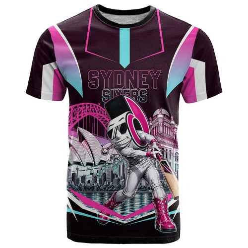 Personalised Sydney Sixers Cricket Mascot Skyline T Shirt Retro Neon Graphic Fan Art