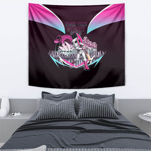 Personalised Sydney Sixers Cricket Mascot Skyline Tapestry Retro Neon Graphic Fan Art