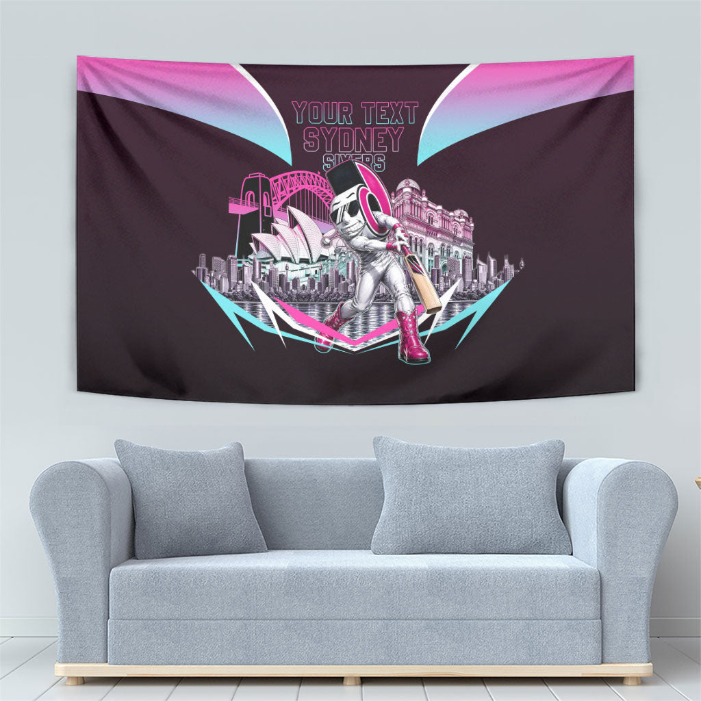 Personalised Sydney Sixers Cricket Mascot Skyline Tapestry Retro Neon Graphic Fan Art