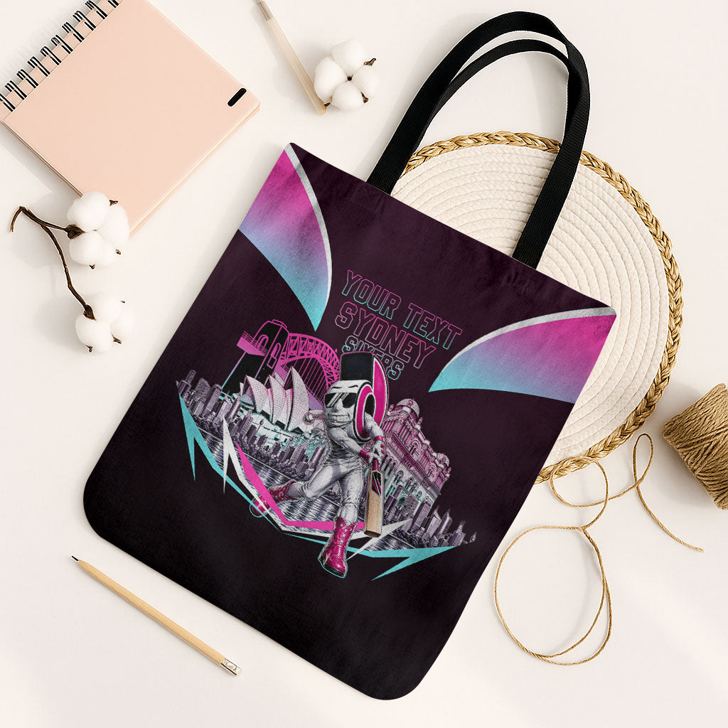 Personalised Sydney Sixers Cricket Mascot Skyline Tote Bag Retro Neon Graphic Fan Art