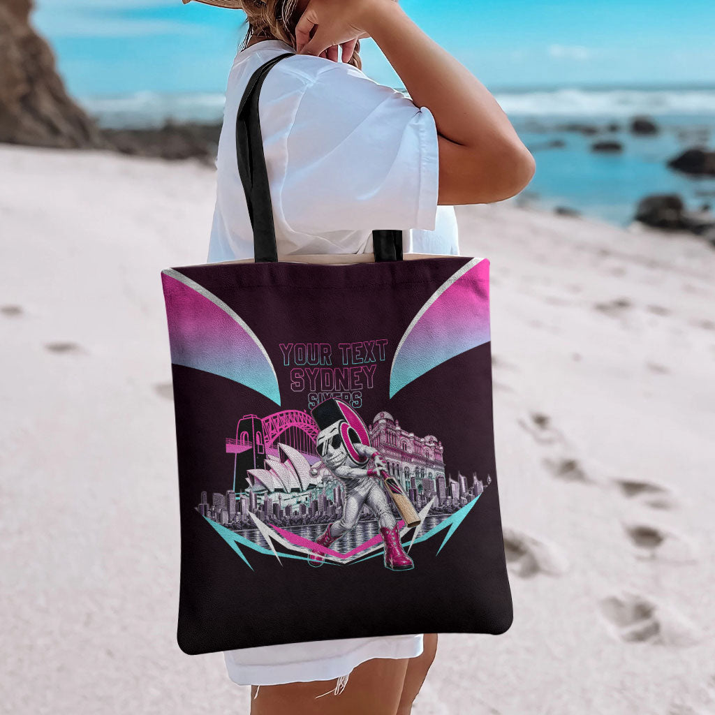 Personalised Sydney Sixers Cricket Mascot Skyline Tote Bag Retro Neon Graphic Fan Art