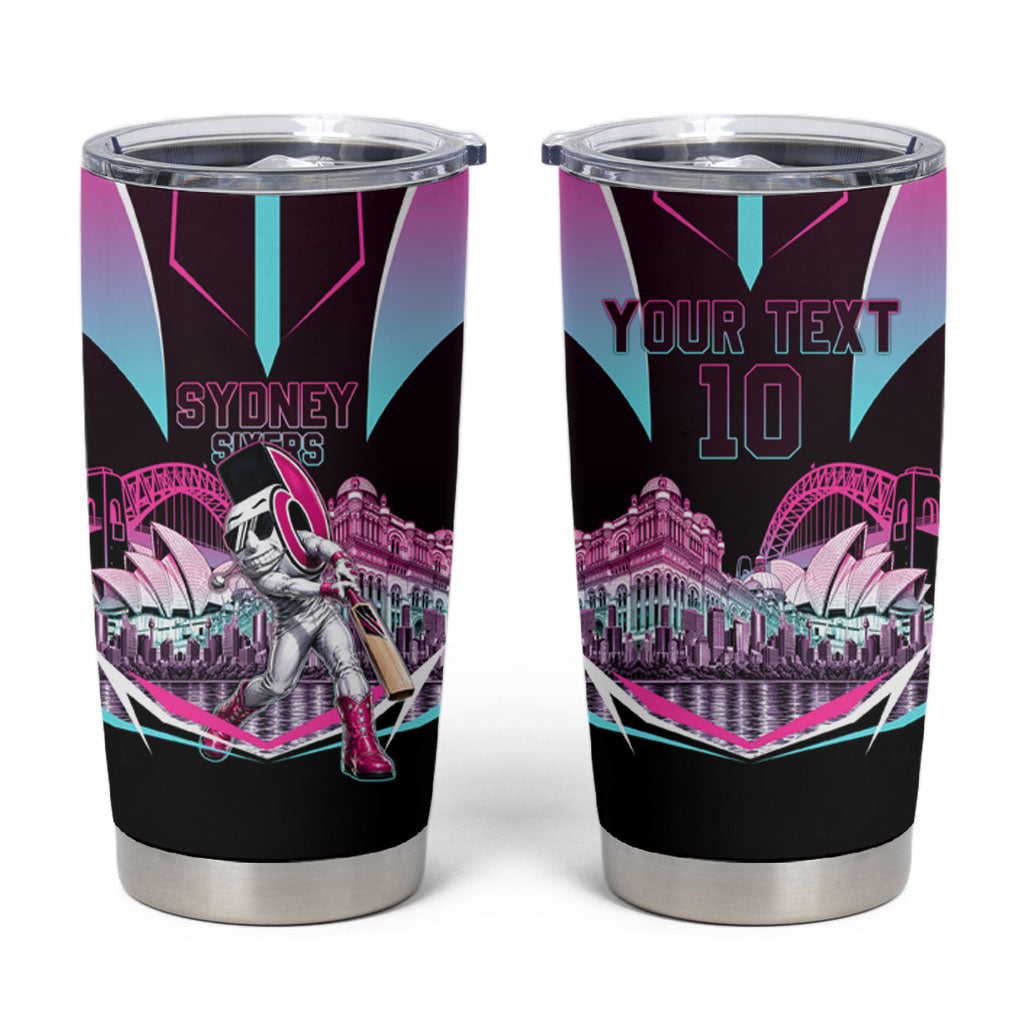 Personalised Sydney Sixers Cricket Mascot Skyline Tumbler Cup Retro Neon Graphic Fan Art